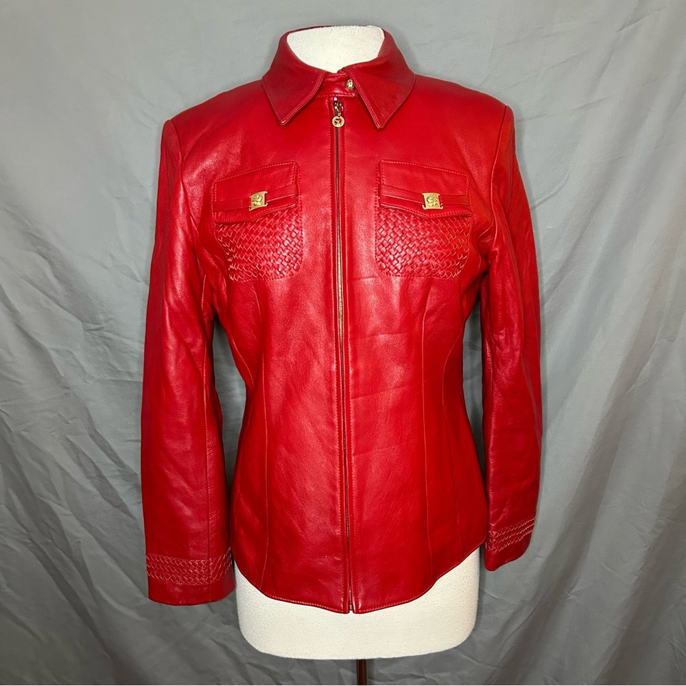 Vintage St. John red leather zip front jacket